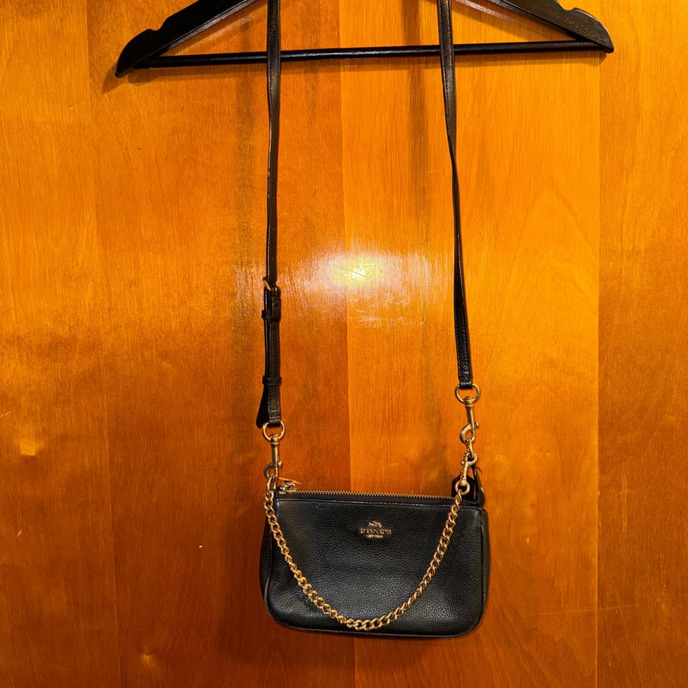Black Leather Crossbody Bag with Gold Chain by Coach